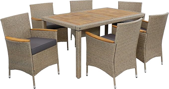 Sunnydaze Foxford 7-Piece Rattan and Acacia Outdoor Dining Set - 1 Table and 6 Chairs with 6 Thick Seat Cushions