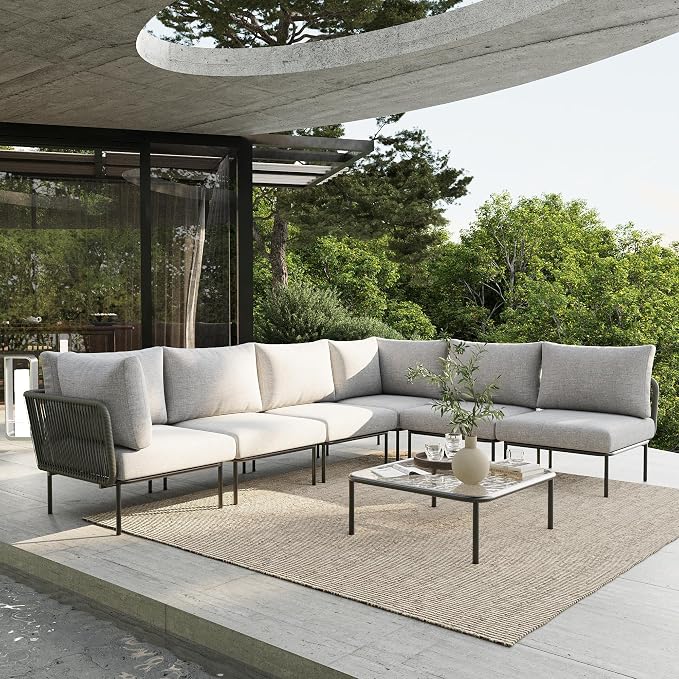 7 Piece Modern Outdoor Rope Wicker Sectional Patio L-Shaped Conversation Sofa Set Deep Seating with Thick Cushions