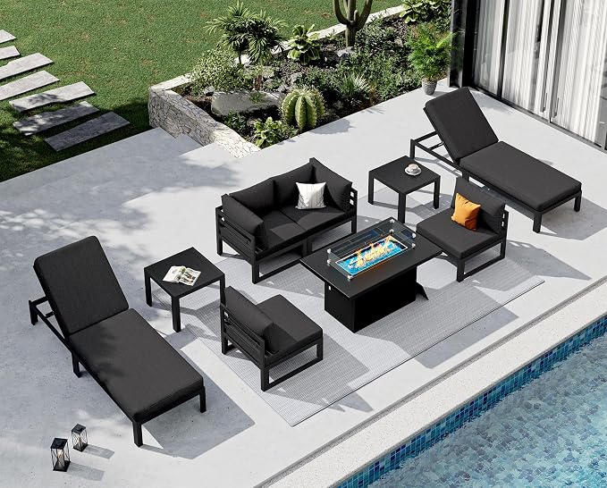 NICESOUL 9 Piece Extra Large Modern Aluminum Patio Furniture Set, Weather Resistant Modular Outdoor Conversation Set with Chaise, 500 lbs Heavy Duty Comfortable Sectional Sofa for Poolside Deck, Black