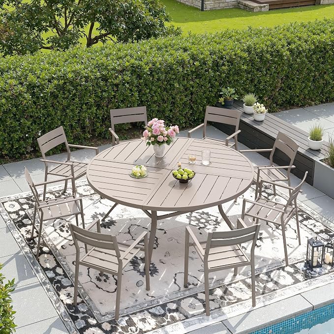 DIFY 9 Piece Outdoor Patio Dining Set for 8, 53.1" Round Dining Table with Umbrella Hole and Stackable Metal Chairs, Patio Table and Chairs Set for Backyard Garden Poolside, Sandshell