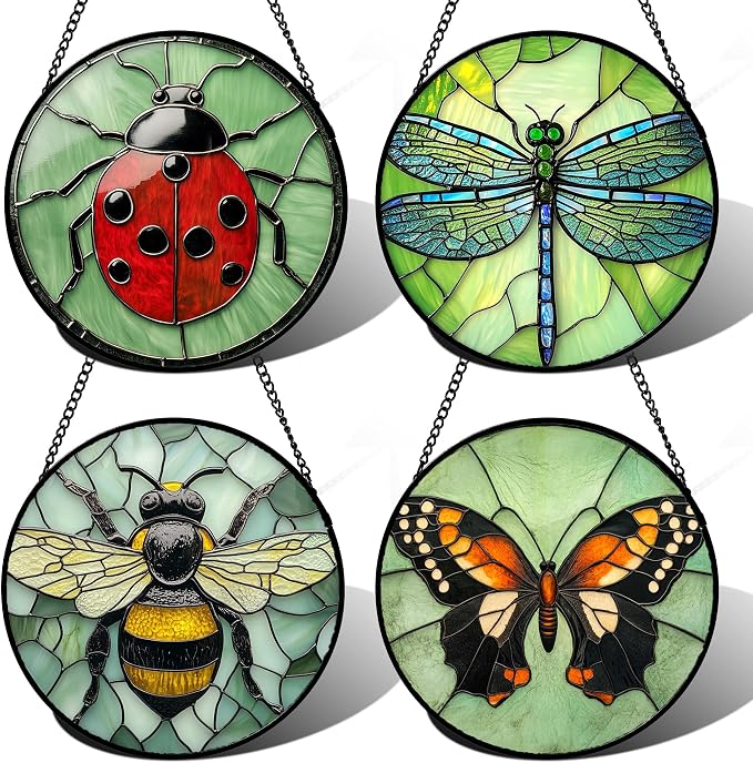 Stained Glass Window Hanging 4 Pcs Set Butterfly Dragonfly Bee Ladybug Large 15" - Suncatcher Door Garden Sun Catcher Decor Birthday Mother's Day for Mom Woman Nana Men