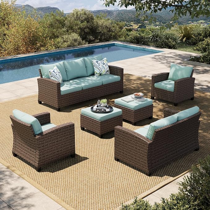 HERA'S HOUSE Wicker Patio Furniture Set, Outdoor Sectional Conversation Sets, 6 Pieces 9 Seats Waterproof Deck Backyard Lawn Furniture, Blue