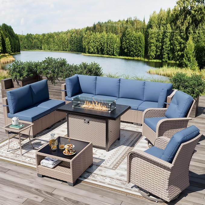 11 Pieces Patio Furniture Set with Fire Pit Table, Outdoor Sectional Wicker Sofa with Thick Cushions, High Back Swivel Rocker Patio Chairs, Rattan Conversation Set with Coffee Table, Navy