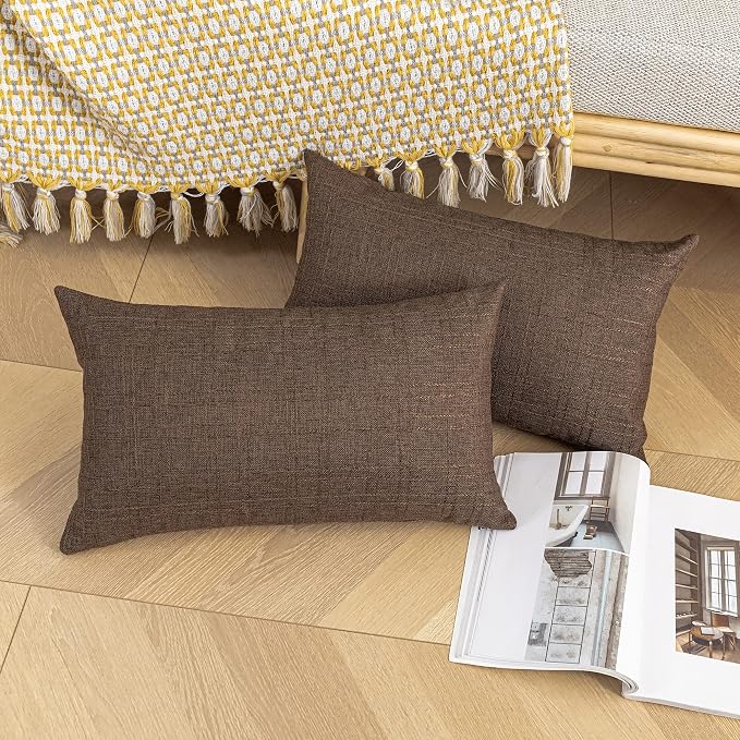 Kevin Textile Outdoor Waterproof 12”x24” Lumbar Pillow Covers 2 Pack, Brown | Water Resistant, Soft Faux Linen-cotton Yarn-dyed Woven Texture Throw Pillow Covers for Tent Patio Garden Couch Sofa