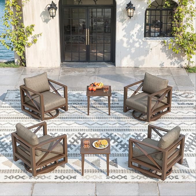 Aluminum Outdoor Patio Furniture Set with Swivel Chairs, 9-Piece Outdoor Sectional with 5.2" Thick Cushions, Patio Conversation Sets for Backyard,(Brown,6 Seats)