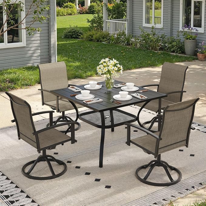 5 Pieces Patio Dining Set, Outdoor Furniture of 37.8" Square Patio Table and Patio Swivel Chairs for Backyard Lawn Garden, Black Table and Mixed Brown Chairs
