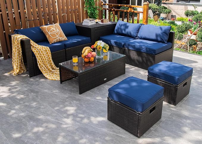 COSTWAY 8-Piece Outdoor Patio Furniture Set, Rattan Sectional Sofa, Armless Chairs, Side Table with Storage Ottoman & Glass Coffee Table, Space-Saving Conversation Set for Garden Deck (Navy)