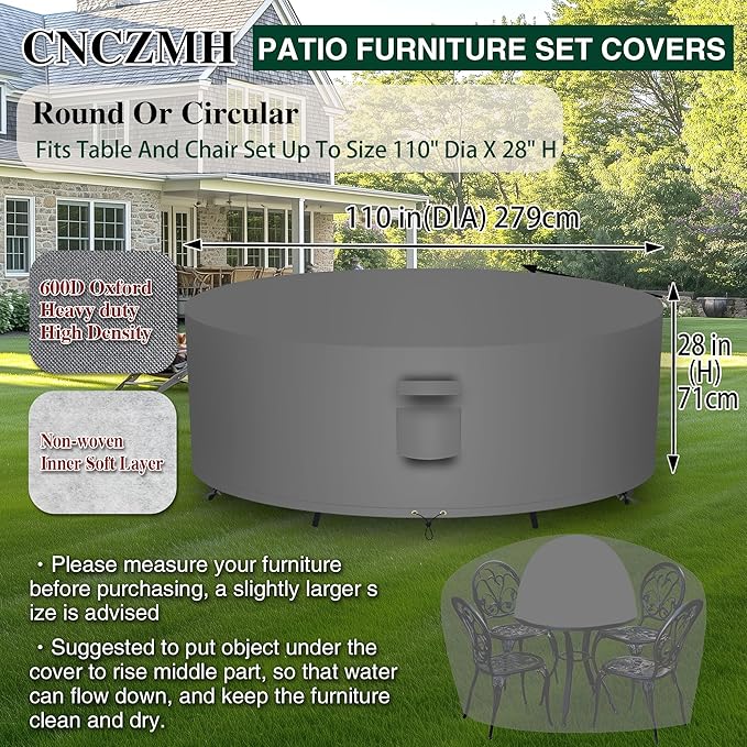 Heavy Duty Patio Furniture Covers Waterproof, 600D Round Outdoor Furniture Cover Waterproof for Sectional Sofa Couch, Outdoor Dining Table and Chair Set Covers 110"DIA x 28"H, Grey