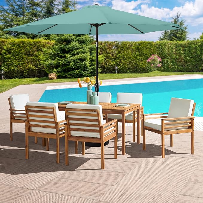 Alaterre Furniture Okemo 8 Piece Outdoor Dining Set with Umbrella - Solid Acacia Wood Outdoor Furniture Set with 63” Patio Table, 6 Patio Chairs, and 10ft Dusty Green Umbrella