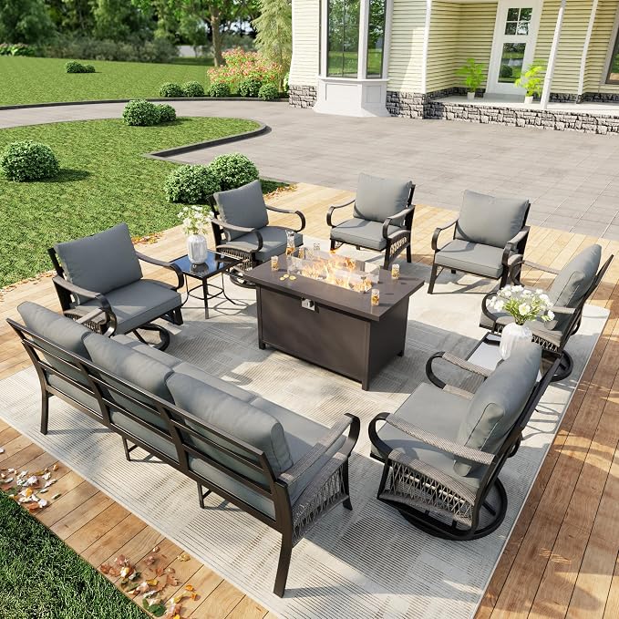 10 Pieces Patio Conversation Sets, All Weather Metal Outdoor Furniture Set 3-Seater 2 Single Chairs 4 Swivel Rockers with 2 Side Tables and Fire Pit Table for Backyard Garden Deck Poolside, Gray