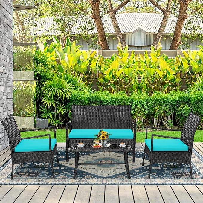 Tangkula 8 Pieces Rattan Conversation Set, Patio Sofa Couch Set with Tempered Glass Coffee Table, Seat Cushions, Outdoor Wicker Loveseat Set for Poolside, Courtyard, Balcony (2, Turquoise)
