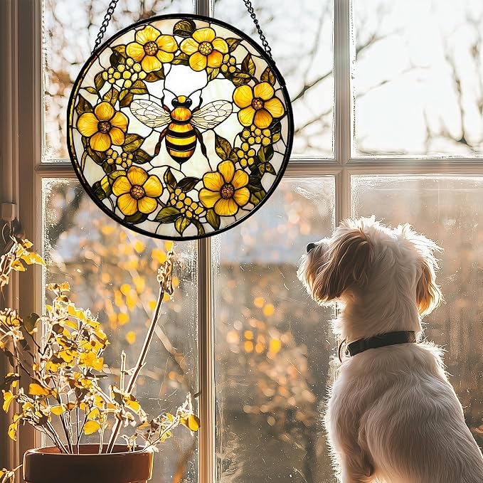 Stained Glass Window Hanging - Yellow Flowers Surrounded by Bees Sun Catcher for Door Garden Home Decor Cute Suncatcher Christmas Mother's Day Birthday Gifts for Women Men Mom Nana 15 in