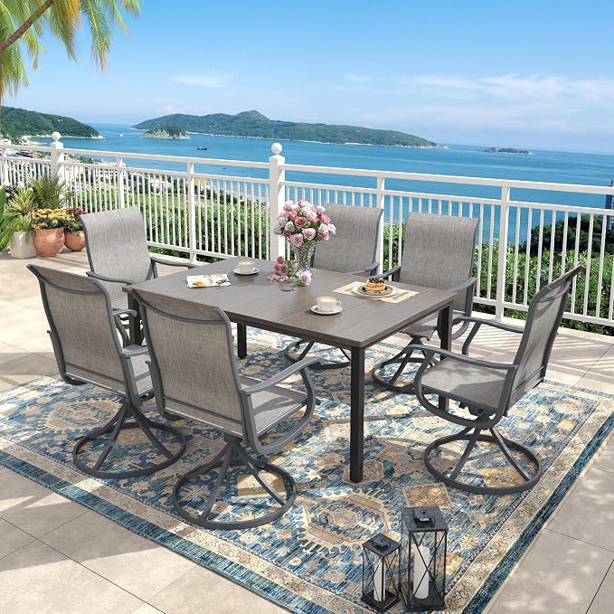 Outdoor Dining Set for 6, 63" Metal Outdoor Dining Table with Umbrella Hole and Sling Patio Swivel Chairs, 7 Pieces Patio Table and Chairs Set for Garden Backyard, Grey