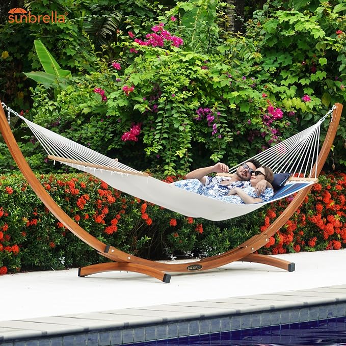 Lazy Daze Hammocks 12 FT Sunbrella Fabric Quilted Hammock Double Sunbrella Quilted Hammock with Spreader Bars & Pillow, All Weather and Fade Resistant for Outdoor, 450 lbs Capacity, Gateway Indigo