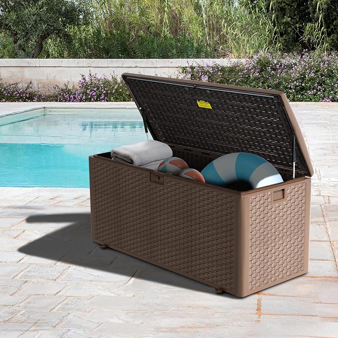 Outdoor Storage Box, 180 Pro Gallon Resin Deck Box Waterproof for Patio Furniture, Garden Tools and Pool Accessories, Lockable UV-Resistant Storage Bin Bench Cabinet for Outside, Brown