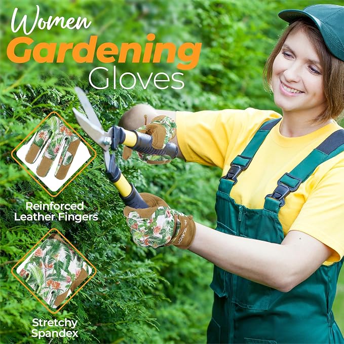 HANDLANDY Gardening Gloves for Women, Leather Garden Glove, Gardener Gift | Breathable Floral Ladies Leather Garden Yard Gloves, for Trimming, Weeding, Digging, Planting, Pruning