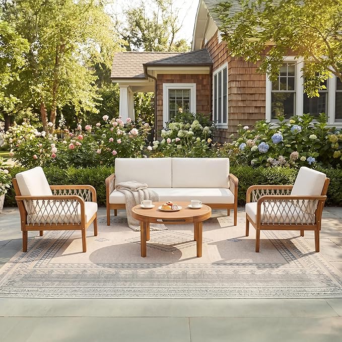 VilroCaz 4-Piece Acacia Wood Outdoor Patio Furniture Set with Loveseat, 2 Club Chair& Coffee Table, All-Weather Conversation Sofa Set with Rope Woven Armrests, Removable Cushions (Teak-N5)