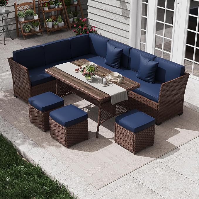 KIGOTY 7 Piece Patio Furniture Set, Outdoor PE Wicker Rattan Outdoor Dining Set, Patio Table and Chairs Set, Patio Conversation Sofa Set with Dining Table and Ottoman(Brown-Navy)