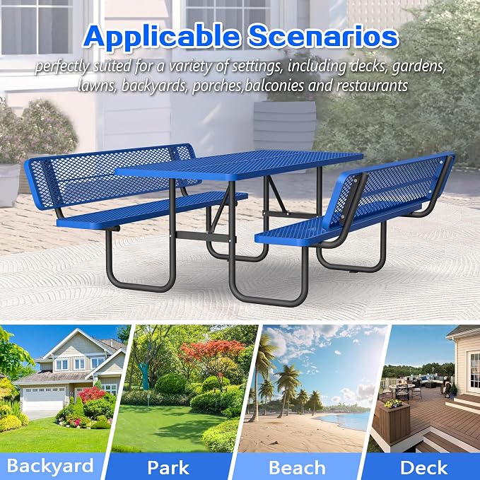 72" Heavy-Duty Iron Mesh Picnic Table Set with Backrest Blue | 1.73'' Umbrella Hole, Commercial-Grade Outdoor Table for Patio, Garden or Park–Rust-Resistant, Heat-Proof, All-Season Use