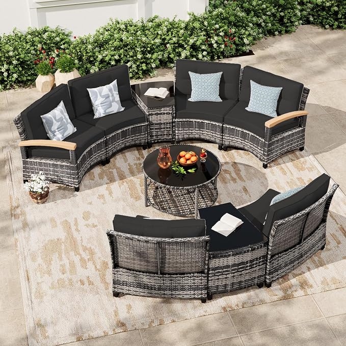 MEISSALIVVE 9-Piece Half-Moon Curved Outdoor Patio Furniture Set, Sectional Conversation Sofa with Wood Armrests, Coffee & Side Tables for Backyard Deck Garden, Black