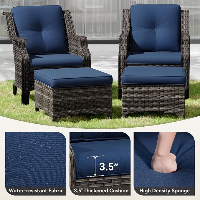 Outdoor Wicker Ottoman Set of 2, Patio Swivel Rattan Ottoman with Thick Cushions, Ideal for Backyard, Garden, Poolside, Blue