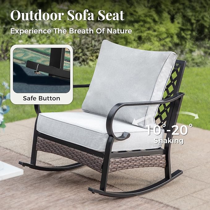 MIXPATIO Patio Furniture Set with Coffee Table, Outdoor Conversation Set with 2 x Rocking Chair, 1 x 2-Seat Sofa for Lawn Garden Backyard, Light Grey