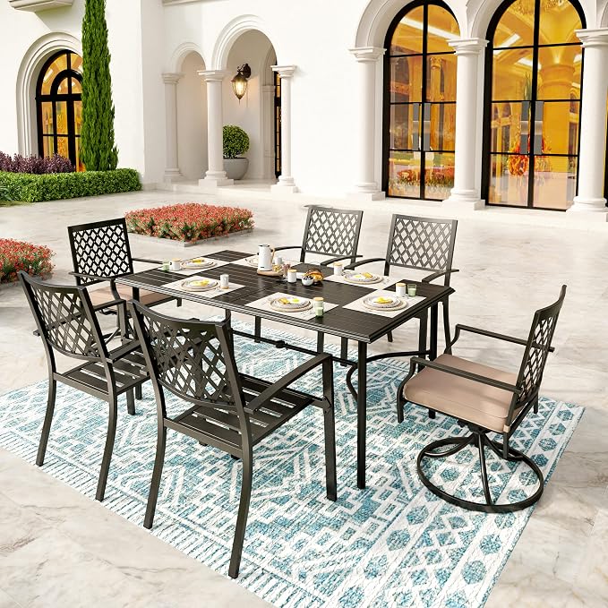 SUNSHINE VALLEY 7 Piece Patio Dining Set for 6, 67x38 Wood-Like Metal Table with Umbrella Hole and 6 Pcs Rust-Proof Stackable Chairs, Outdoor Table and Chairs Set for Backyard Garden Deck (Style 4)
