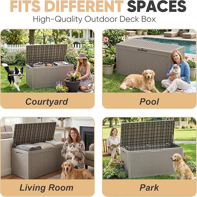 EasyUp 110 Gallon Deck Boxes Outdoor Waterproof, Resin Outside Storage Box for Patio Cushion Furniture Pool Accessories Garden Tools Indoor Outdoor Storage Bench (110 Gallon, Grey)