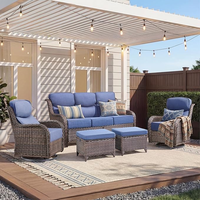 Luxury 5 Piece Patio Furniture Set-All Weather Outdoor Swivel Rocker Chairs with 6" Thick Cushions Multifunctional Ottoman Rattan Patio Conversation Sets for Porch Deck Garden Backyard(Brown/Blue)