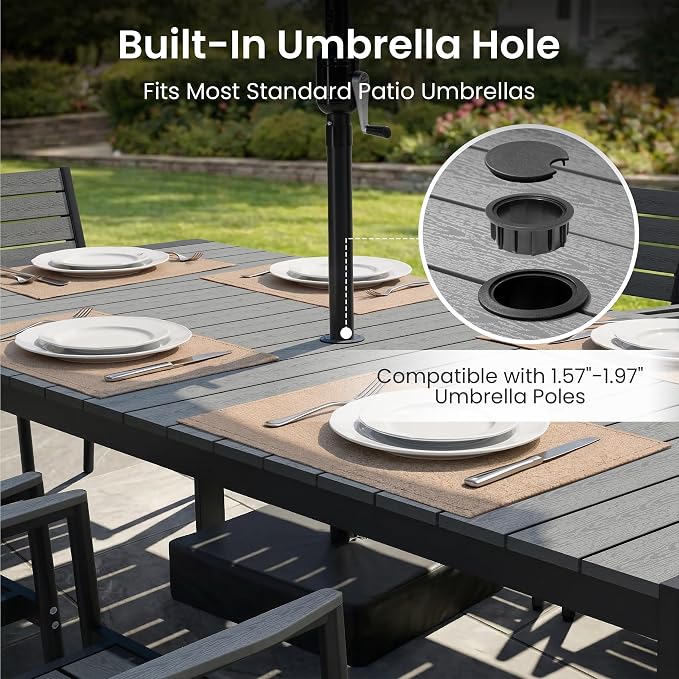 11 Pieces Outdoor Patio Dining Set, 95" Aluminum Table and Stackable Chairs | Adjustable Umbrella Hole & Wood Grain Tabletop for Garden, Patio, Backyard (Grey)
