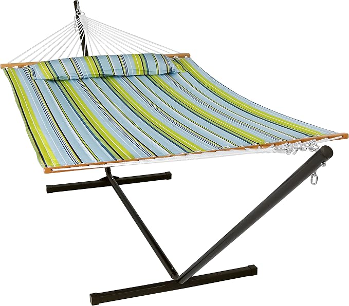 Sunnydaze Quilted Double Hammock with Stand for Outside - 350-Pound Capacity 2-Person Hammock with Stand - 12-Foot Stand - Blue and Green