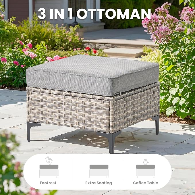 4 Pcs Patio Outdoor Furniture Set - All Weather Wicker Outdoor Sectional Sofa Couch with Ottoman,Patio Modular Rattan Conversation Set for Garden Deck Yard,Dark Grey