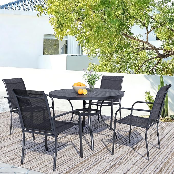 5 Piece Patio Dining Set for 4, 42” Black Round Table with Umbrella Hole and 4 Black Patio Stackable Chairs, Patio Table and Chairs for Backyard, Lawn, Deck & Garden
