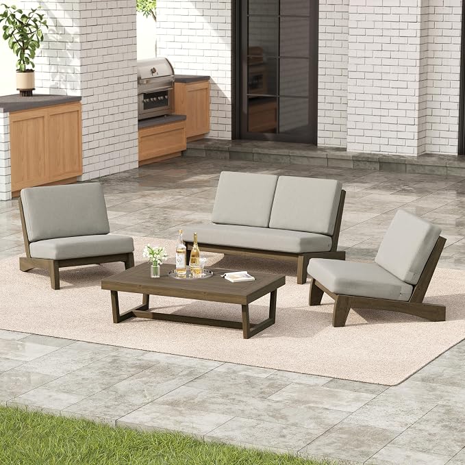 4 Pieces Patio Furniture Sets, All-Weather Outdoor Wood Bistro Set Patio Conversation Coffee Table Chiars and Patio Loveseat for Balcony, Backyard