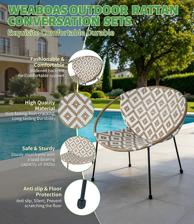 3-Piece Outdoor Patio Bistro Set, Wicker Chairs with Cushions, PE Rattan All-Weather Conversation Set with Coffee Table for Balcony, Porch, Backyard, Poolside, Garden, Deck, White