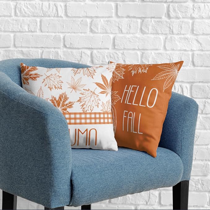 Hello Fall Pillow Covers Burnt Orange Maple Leaves Pumpkin Throw Pillow Covers 18x18 Set of 2 Autumn Pillowcase Double Sided Printing Cushion Case for Home Decor Couch Sofa