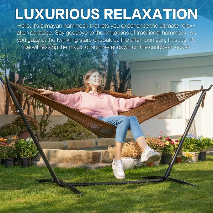 PNAEUT Double Hammocks with Stand for Outside, Portable Space Saving Heavy-Duty Steel Stand for Indoor Outdoor Patio (Mayan Desert)