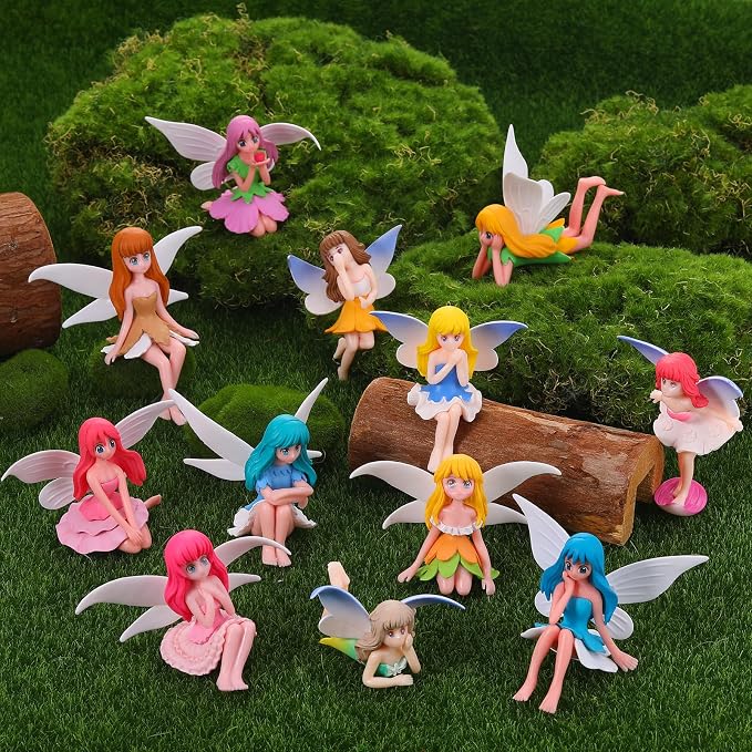 Miniature Fairy Figurines, 12 Pcs Hand-Painted Small Flower Fairies with Wings for Garden Decor, Cake Topper & Landscapes