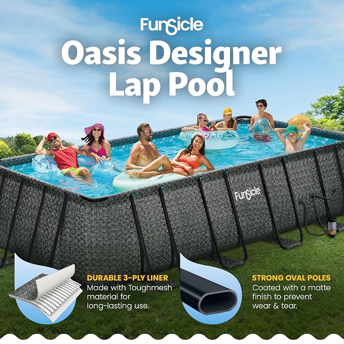 Funsicle Oasis Designer Lap 18' x 9'x 52" Rectangular Above Ground Swimming Pool, with FiltraBoost 1200 GPH Filter Pump, Ladder, Maintenance Kit, Cover, Ground Cloth & Repair Patch, Dark Herringbone