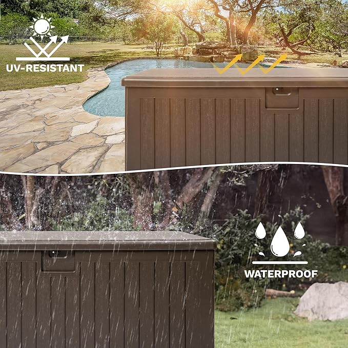 DWVO 260 Gallon Resin Outdoor Storage Box, XXL Double-Wall Waterproof Deck Box with Divider, Doubles as Table or Seating with 1000 lbs Capacity, Lockable (Brown)