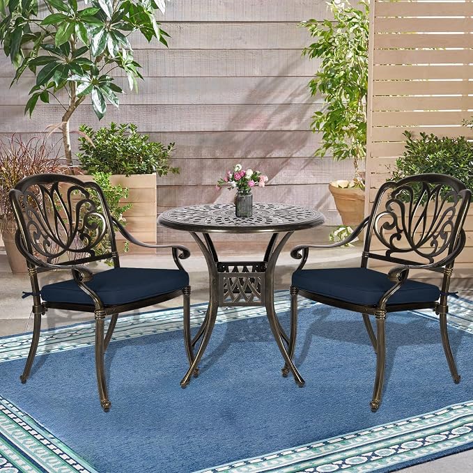 3-Piece Outdoor Patio Dining Set, All-Weather Cast Aluminum Patio Furniture Set for Backyard Garden Deck with 2 Cushioned Chairs and 31” Round Table, 2" Umbrella Hole, Navy Blue