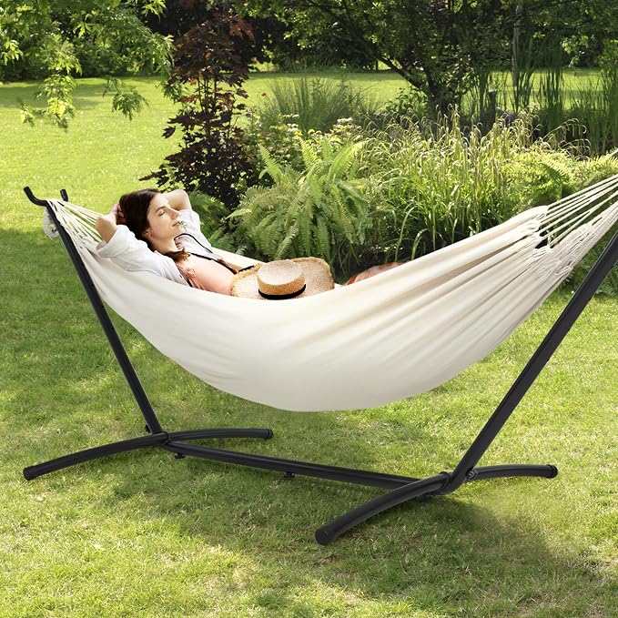 Mondeer Double Hammock with Portable Outdoor Stand 2 Person Hammock for Camping Beach Travel 200kg Load Capacity Beige