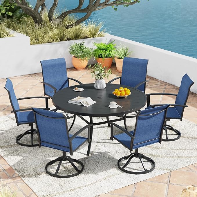 7 Pieces Outdoor Patio Dining Table Set, 50" All Weather Round Metal Table with Umbrella Hole and 6 High Back Textilene Swivel Chairs for Garden, Lawn, Poolside, Black Table & Blue Chairs