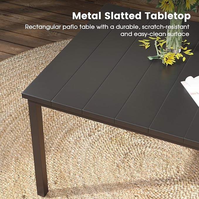 DIFY 7 Pieces Outdoor Patio Dining Set for 6, 63" Black Rectangle Metal Dining Table and 6 Brown Stackable Sling Dining Chairs, Outdoor Table and Chairs for Lawn Garden Backyard Deck