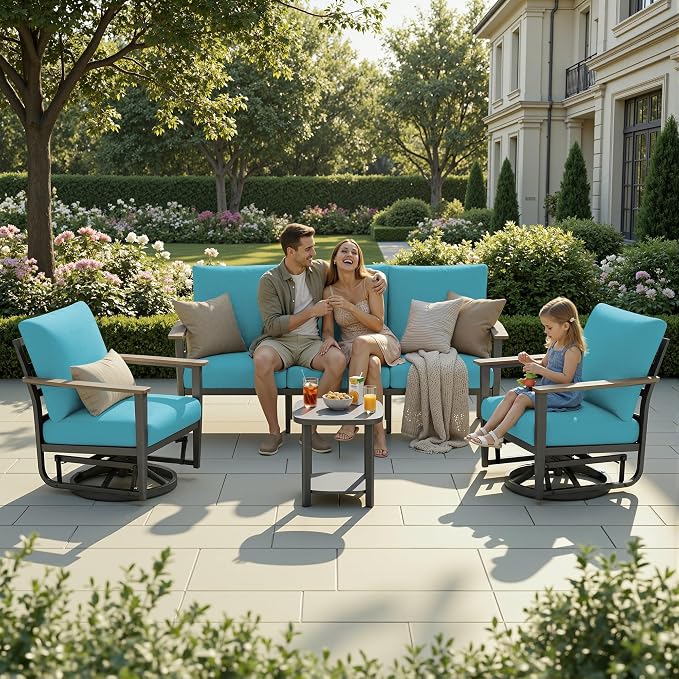 Aluminum Outdoor Patio Furniture Set 5-Seat, Patio Conversation Set Sectional Furniture Set with Swivel Rocking Chairs High Backrest & Thickened Cushions for Garden, Backyard, Poolside, Turquoise