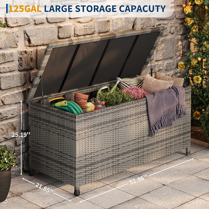 Litake Large 125 Gallon Outdoor Deck Storage Box with Wheels & Handles – Heavy Duty Waterproof PE Rattan Chest – Weatherproof Patio, Garden, Poolside Organizer – Grey