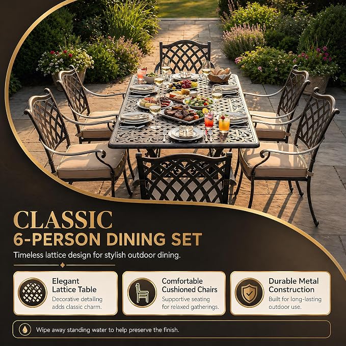 7 Piece Outdoor Dining Set Cast Aluminum, Retro Patio Dining Set for 6 Includes 59” Rectangular Table with Thicker Cushions and Umbrella Hole for Patio Deck Garden