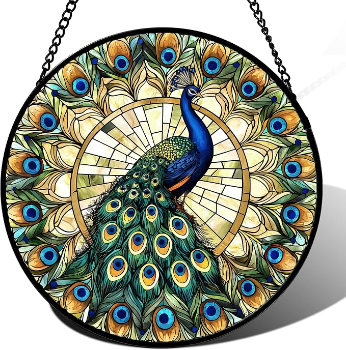 DASTOLL Stained Glass Window Hanging - Retro Peacock Decoration Suncatcher for Door Garden Home Bird Feather Sun Catchers Christmas Mother's Day Birthday Gifts for Women Men Mom Nana Friend 14.9 in