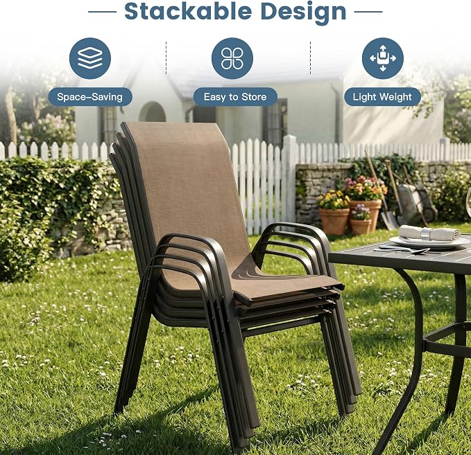 DIFY 5 Piece Outdoor Dining Set, 40" Walnut Round Metal Dining Table and Brown Textilene Stackable Patio Chairs, Patio Table and Chairs Set for 4 with Umbrella Hole for Backyard Garden Deck