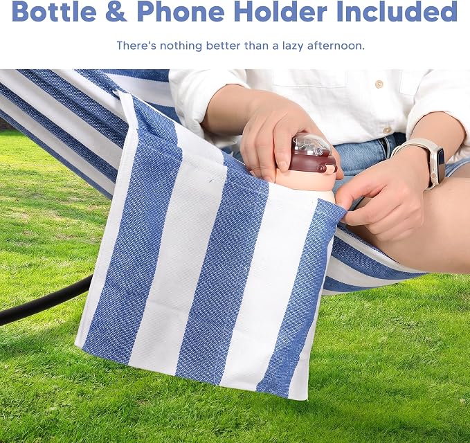 SUNCREAT Hammocks for Outside with Stand, Porch Hammock and Stand, 475 lbs Capacity, Patent Pending, Blue & White